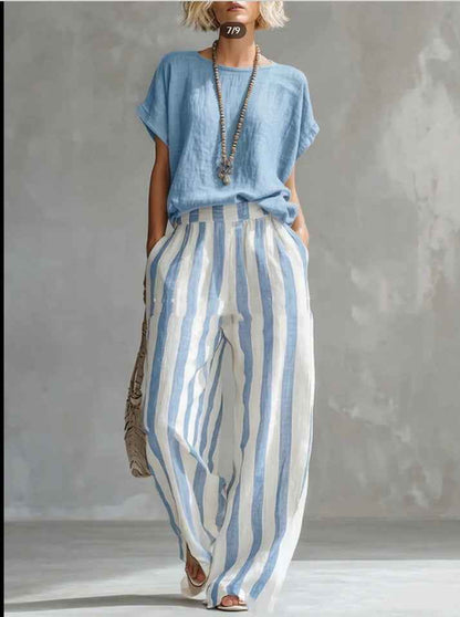 Women's Striped Summer T-Shirt Trouser Set