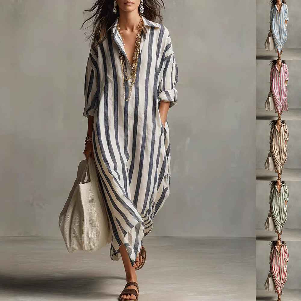 Women's Striped Print Summer Split-Collar Dress