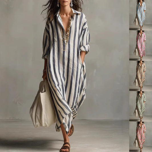 Women's Striped Print Summer Split-Collar Dress