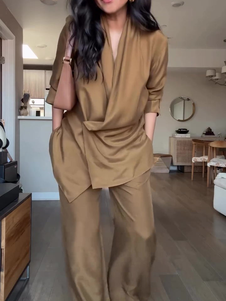 Satin Blouse and Wide Leg Pants Set | Bellanica Elegant Outfit