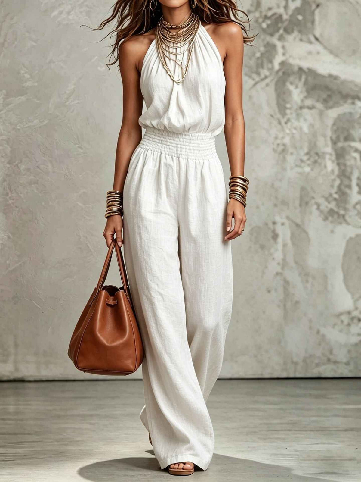 Womens Sleeveless Backless Lace-Up Halter Wide-Leg Jumpsuit Pants