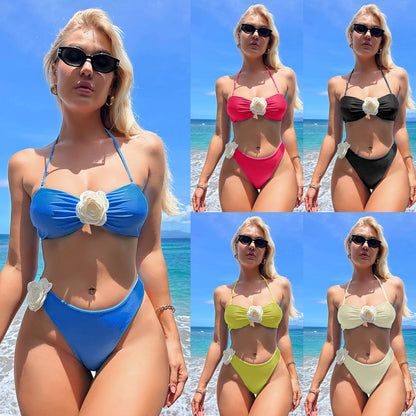 Solid-Color Halter Tube Top Bikini - front view