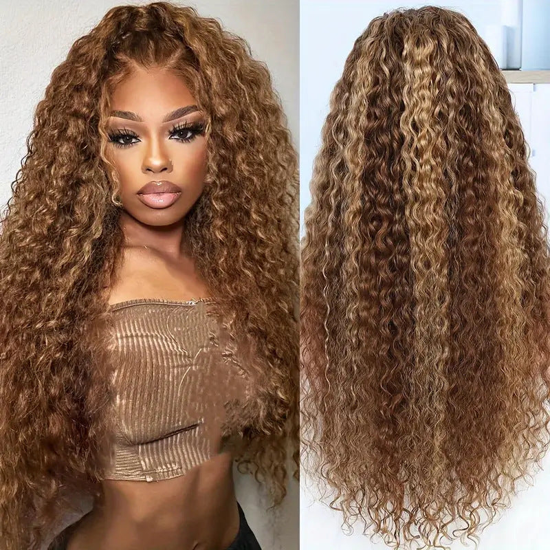 Medium Brown Mixed Color Curly Wig - side view
