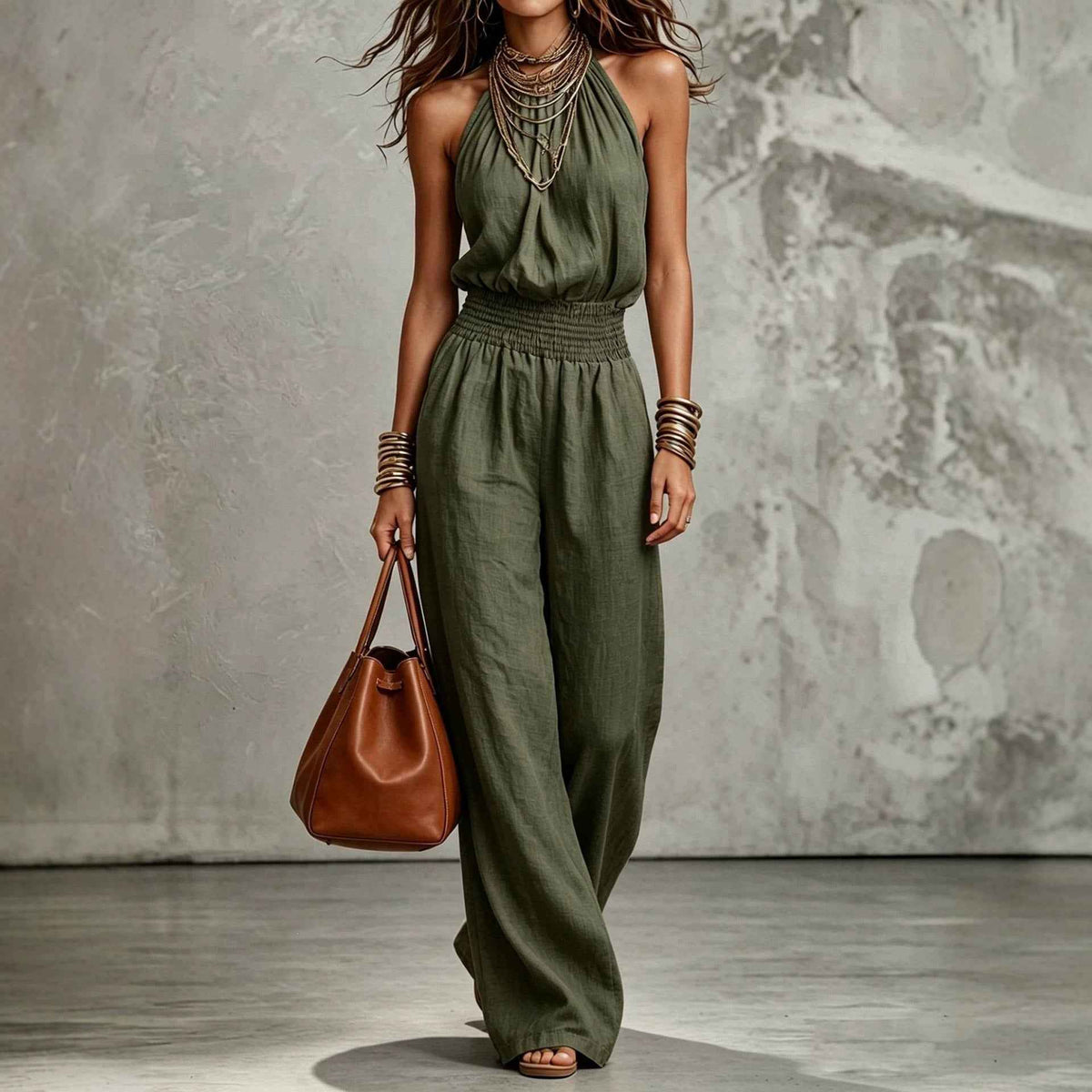 Womens Sleeveless Backless Lace-Up Halter Wide-Leg Jumpsuit Pants