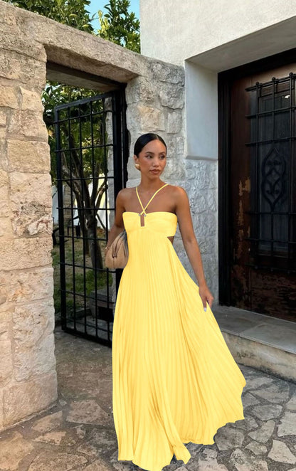 Pleated Sleeveless Halter Dress for Women | Evening Party Style