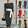 Retro Polka-dot Navy Blue Belted Waist-hugging Elegant Dress
