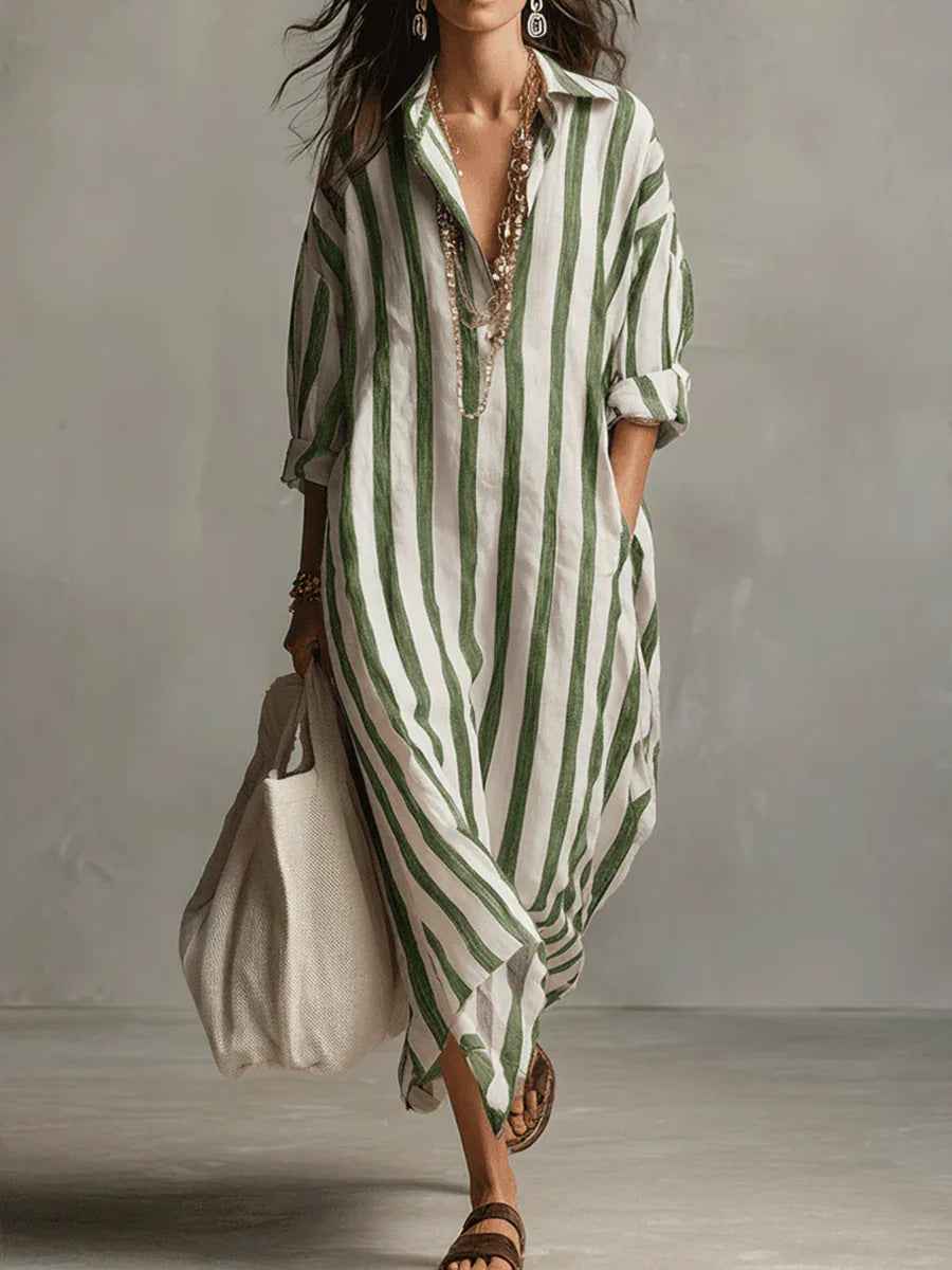Women's Striped Print Summer Split-Collar Dress