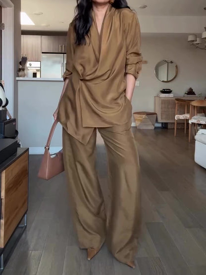 Satin Blouse and Wide Leg Pants Set | Bellanica Elegant Outfit