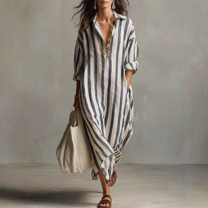 Women's Striped Print Summer Split-Collar Dress
