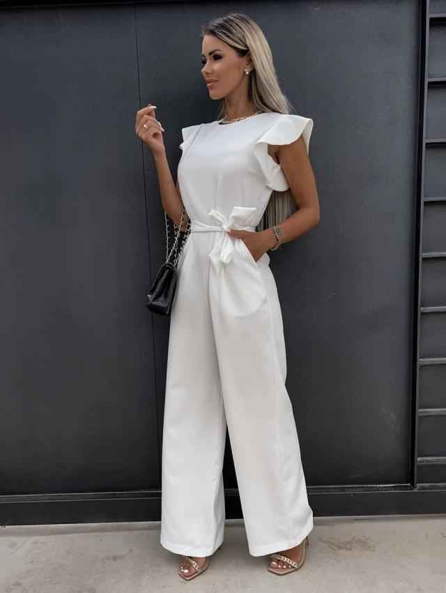 Ruffled sleeveless belted jumpsuit with pockets