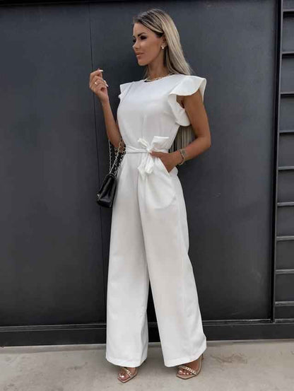 Ruffled sleeveless belted jumpsuit with pockets