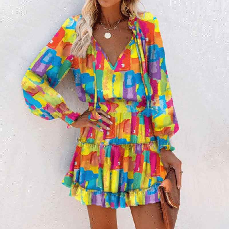 Floral Print Puff Sleeve Waist Dress