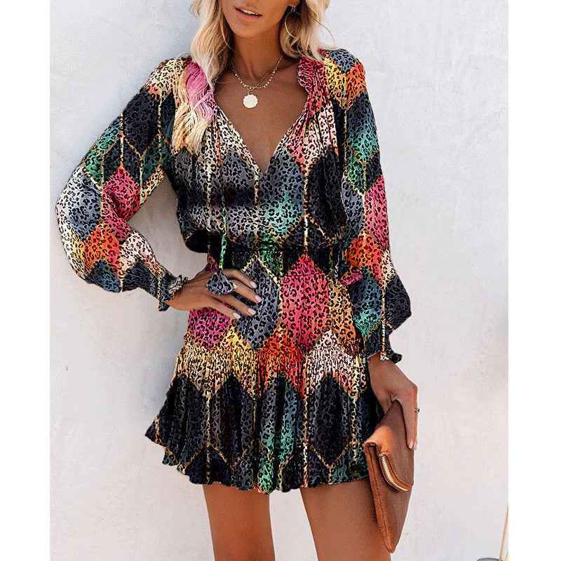 Floral Print Puff Sleeve Waist Dress