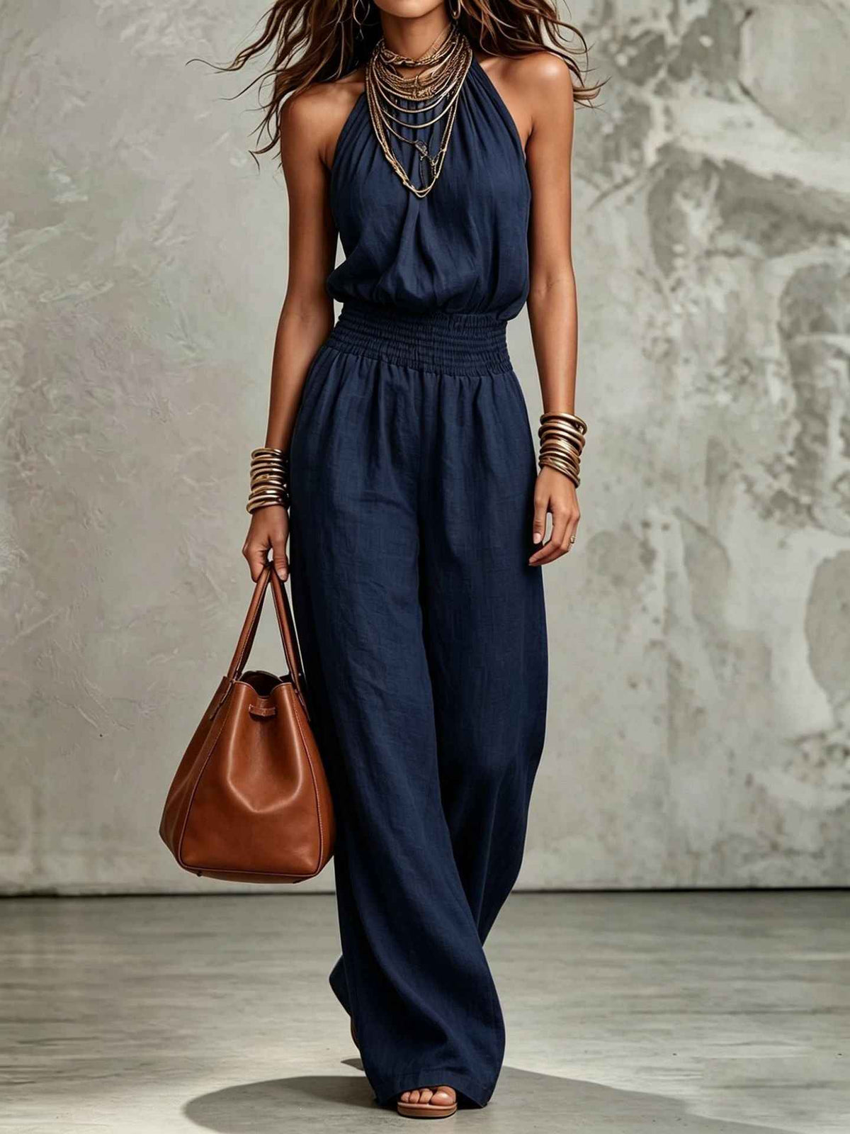 Womens Sleeveless Backless Lace-Up Halter Wide-Leg Jumpsuit Pants