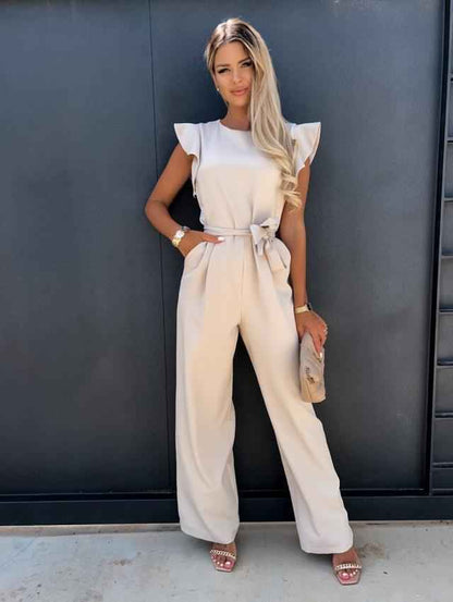 Ruffled sleeveless belted jumpsuit with pockets