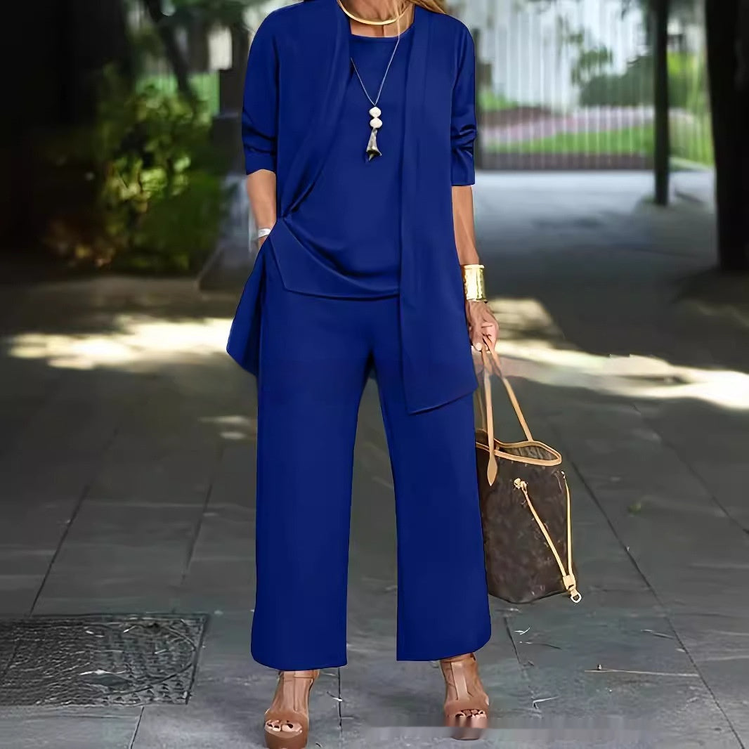 Three-Piece Cardigan Suit with Wide-Leg Pants - side view