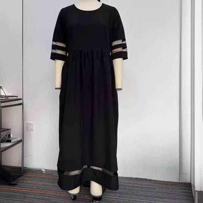New Hot Sale Five-quarter Sleeve Mesh Patchwork Round Neck Pocket Dress