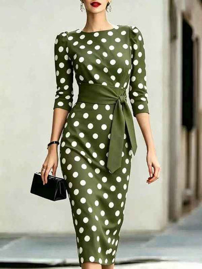Retro Polka-dot Navy Blue Belted Waist-hugging Elegant Dress