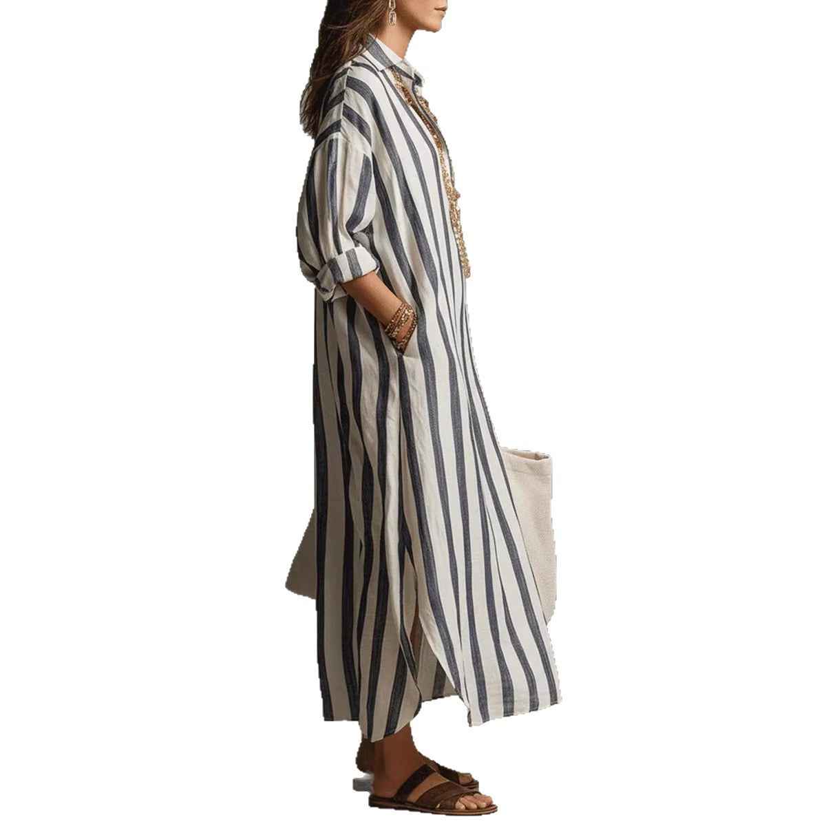 Women's Striped Print Summer Split-Collar Dress