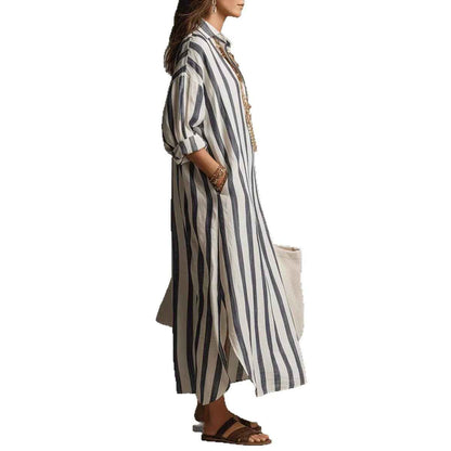 Women's Striped Print Summer Split-Collar Dress