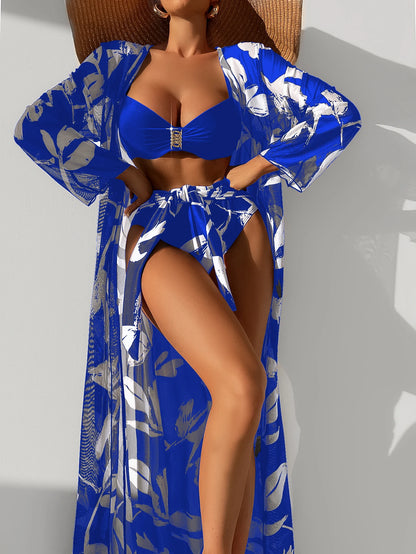 Three-Piece Printed Bikini Set with Cover-Up