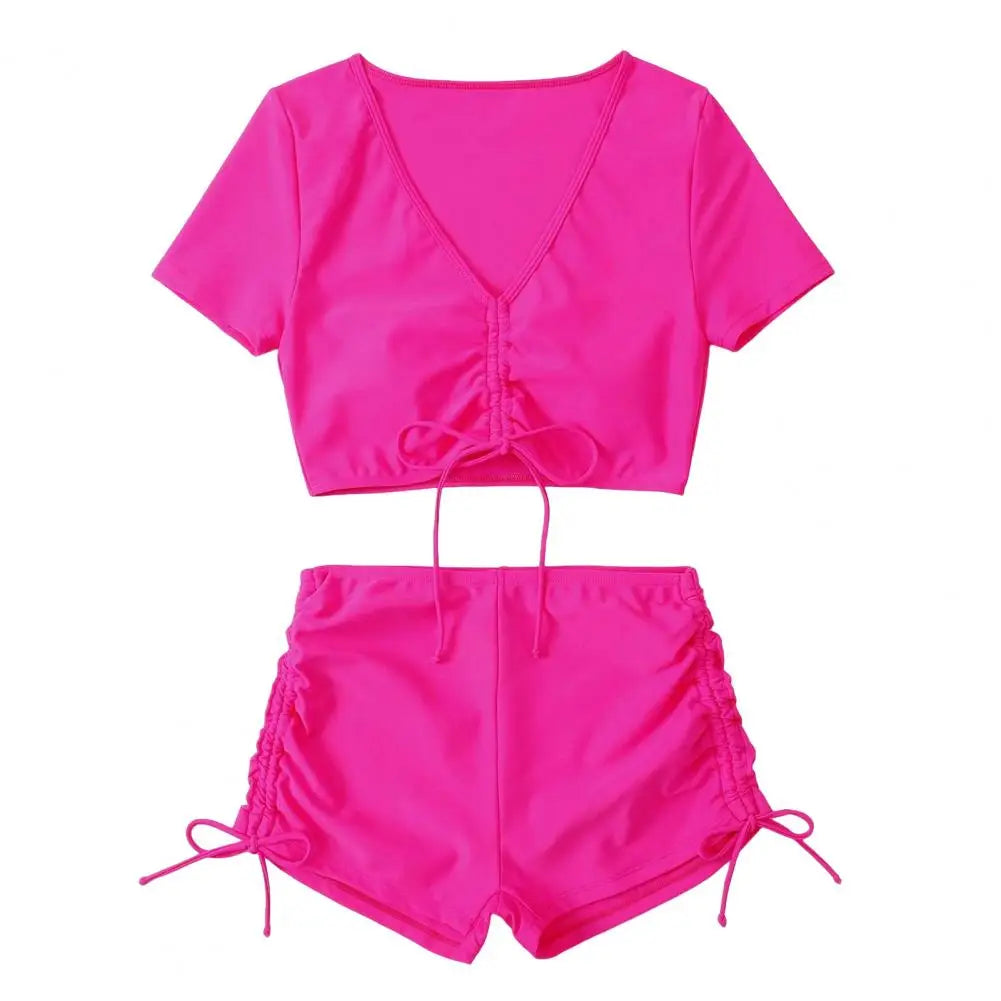V-Neck Short-Sleeve High-Waist Bikini Set