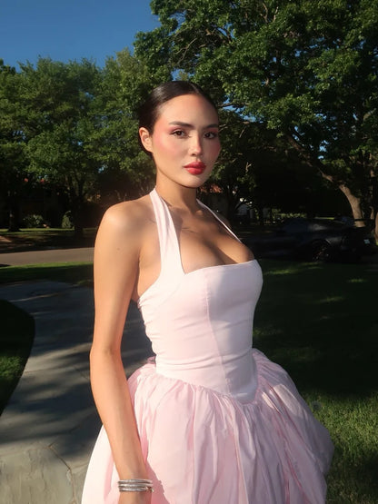 Bellanica - Elegant Pink Halter Pleated Mini Dress