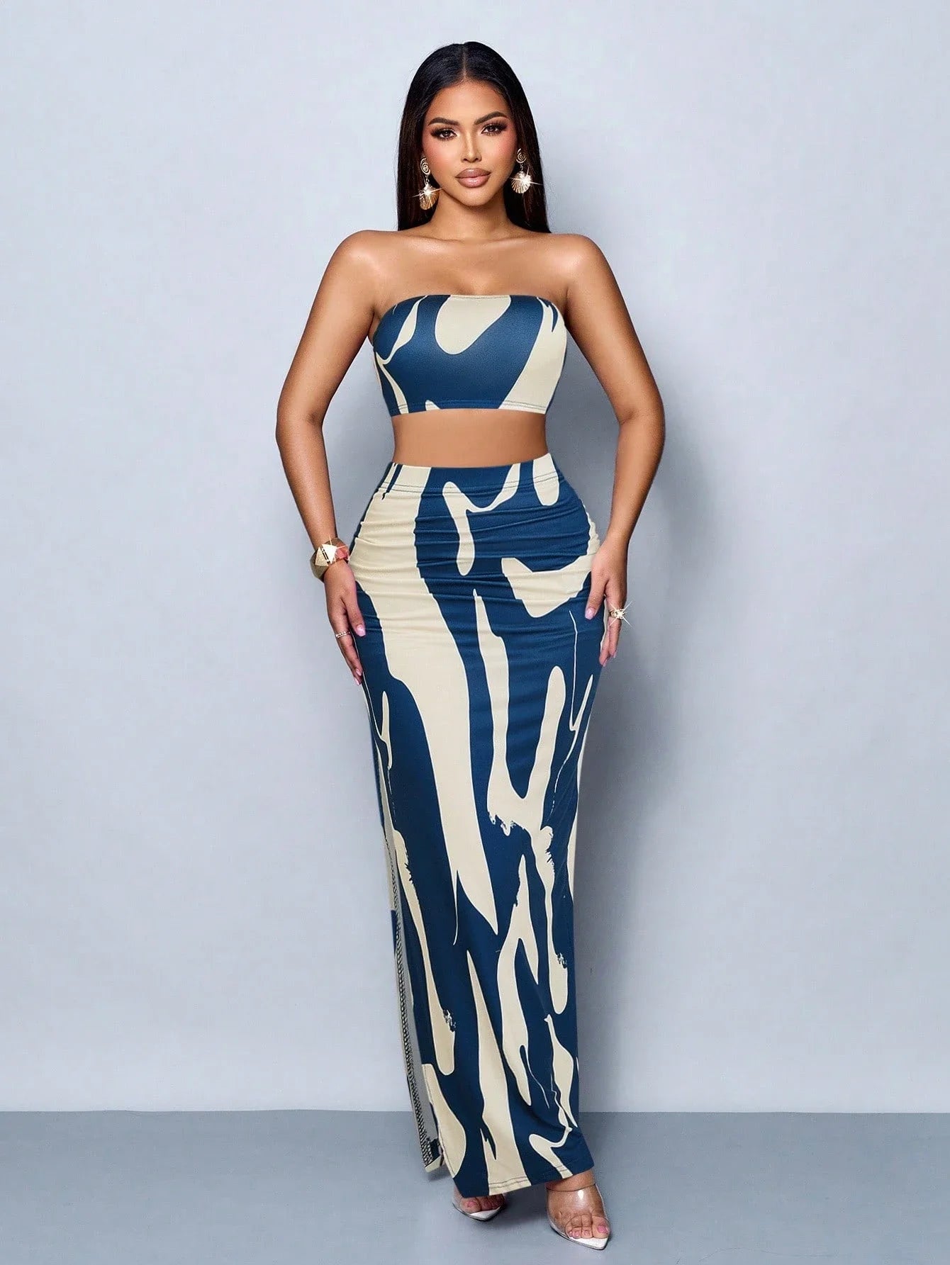 Abstract Stripe Strapless Bodycon Dress