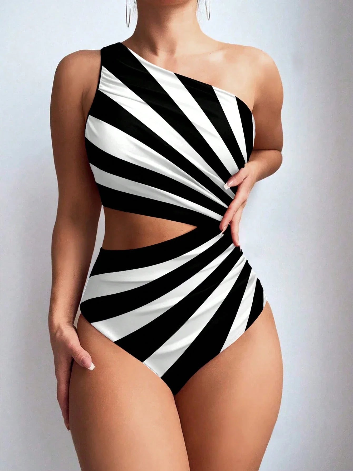 Asymmetric Striped Cutout One-Piece Swimsuit