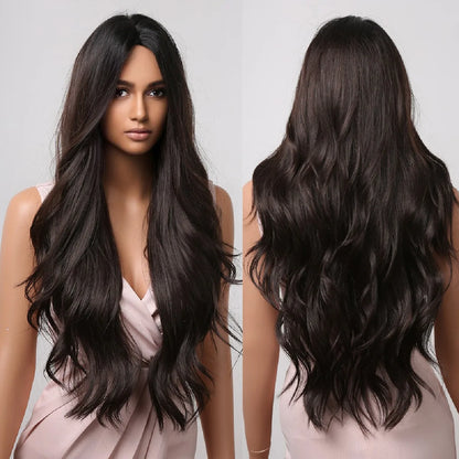 Dark Brown Long Wavy Synthetic Wig Middle Parting