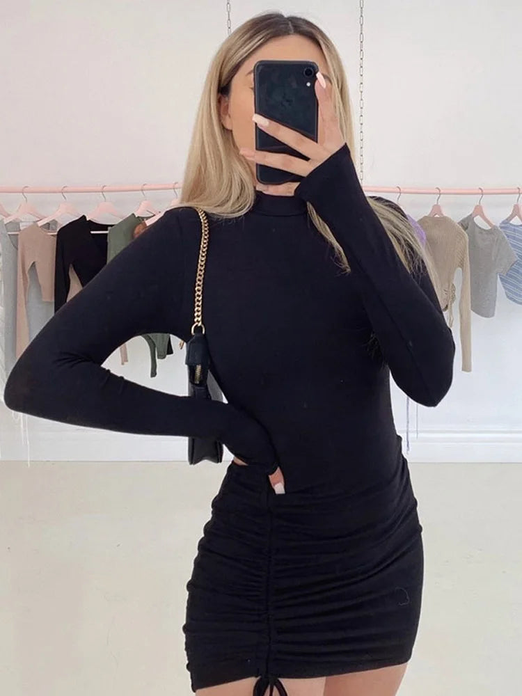 Bellanica - Ruched Turtleneck Bodycon Mini Dress