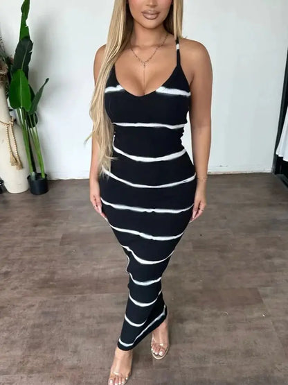 Bellanica - Robe longue moulante à fines bretelles et à rayures