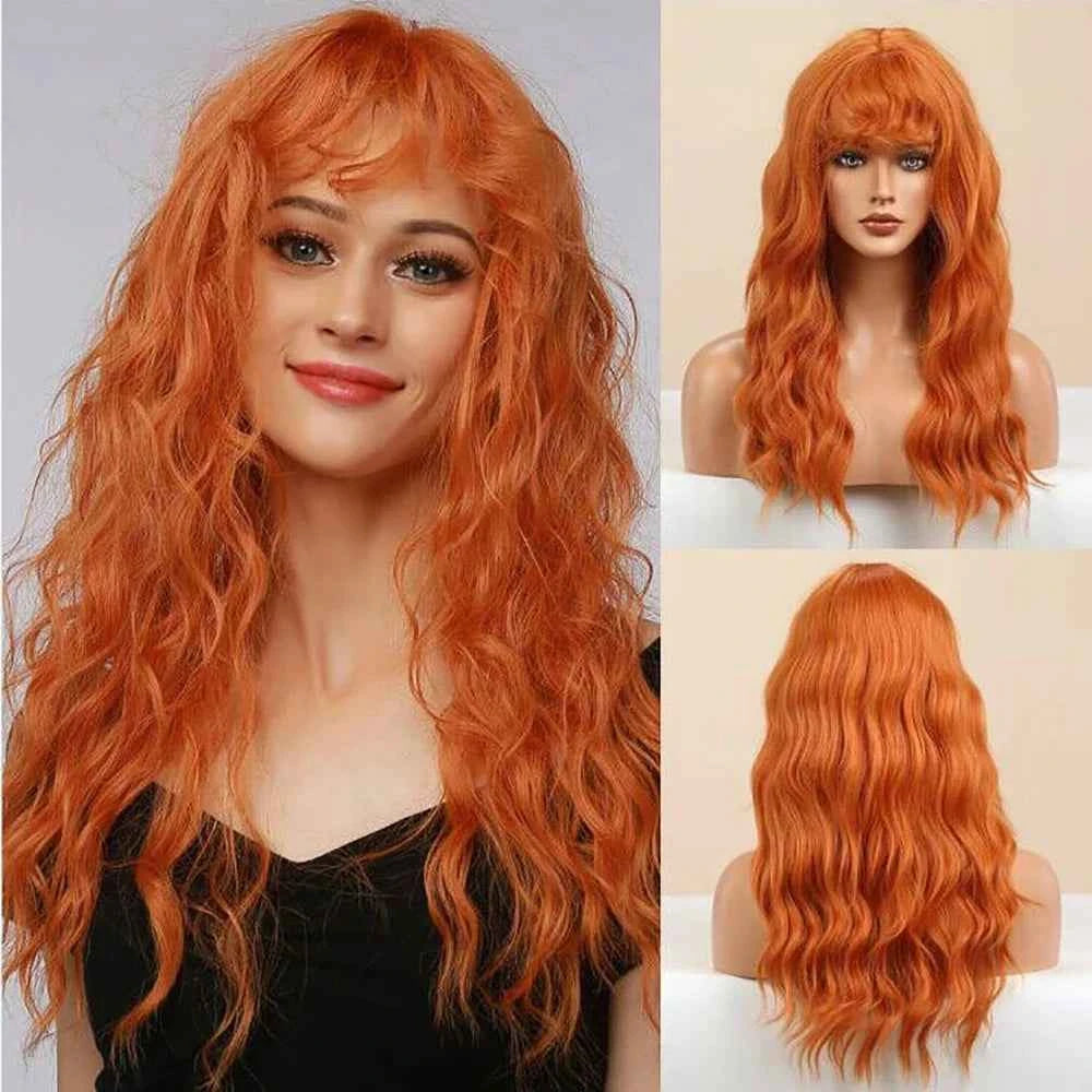 Brown Wavy Wig with Bangs Heat-Resistant
