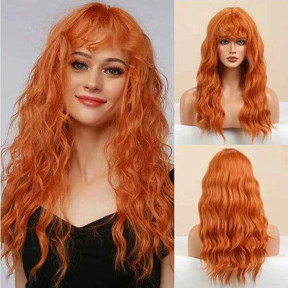 Brown Wavy Wig with Bangs Heat-Resistant