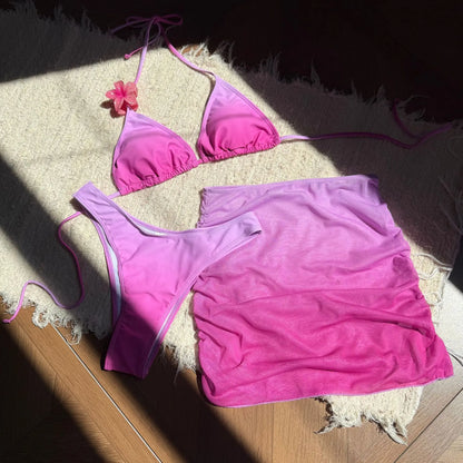 Bellanica - Gradient Halter Bikini Set with Skirt