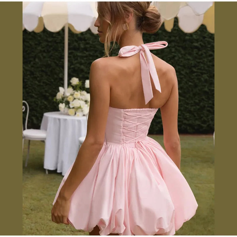 Bellanica - Elegant Pink Halter Pleated Mini Dress