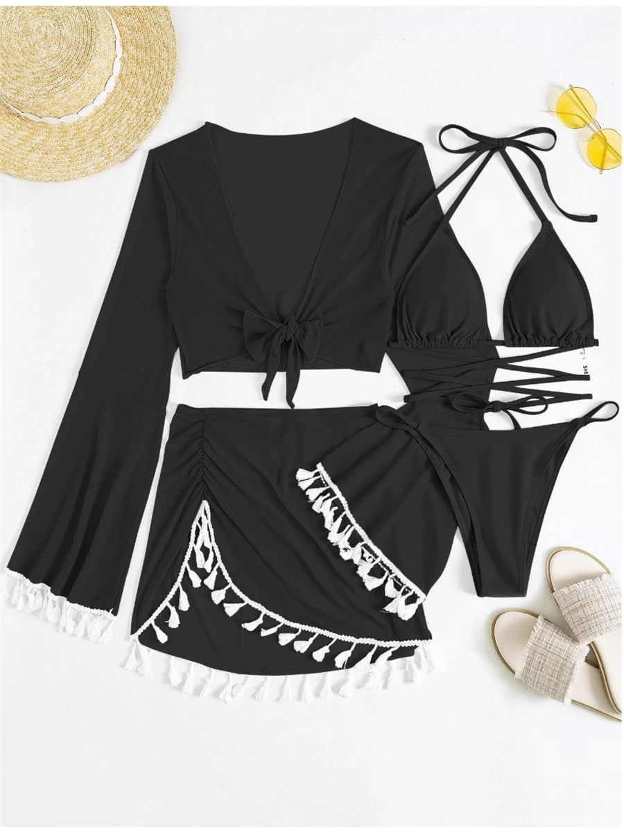 Bellanica - Vierteiliges Neckholder-Bikini-Set mit langärmeliger Strandtunika und Strandrock
