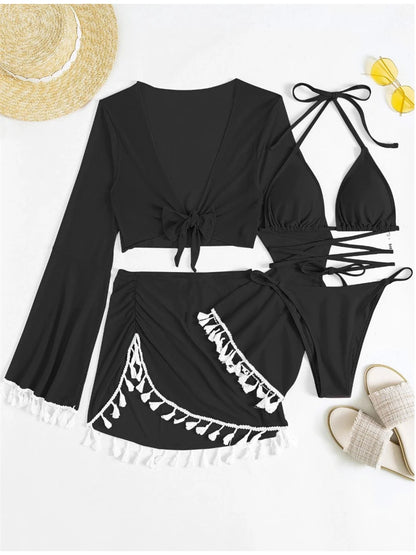 Bellanica - Vierteiliges Neckholder-Bikini-Set mit langärmeliger Strandtunika und Strandrock