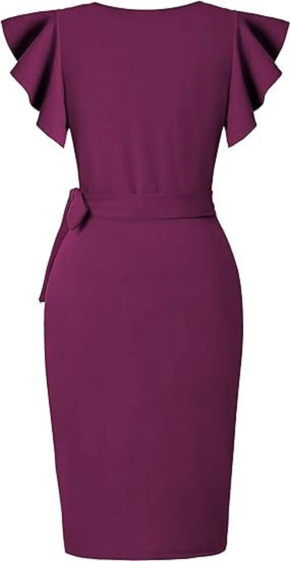 Bellanica - Faux Wrap V-Neck Ruffle Dress