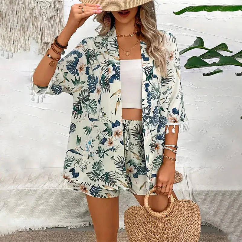 Floral Beach Cardigan and Shorts Set