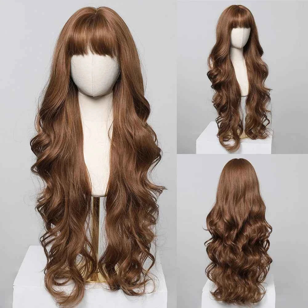Brown Wavy Wig with Bangs Heat-Resistant