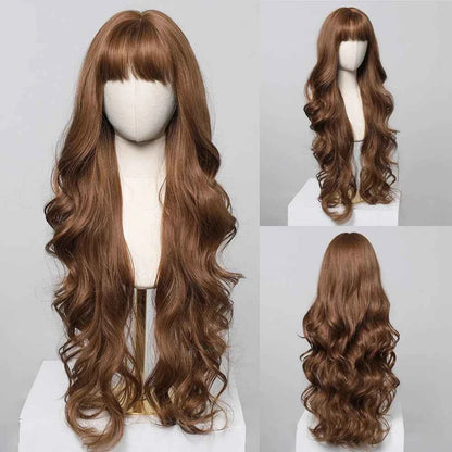 Brown Wavy Wig with Bangs Heat-Resistant