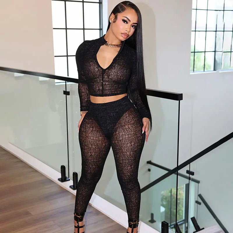 Sheer Mesh Two-Piece Clubwear Crop Set