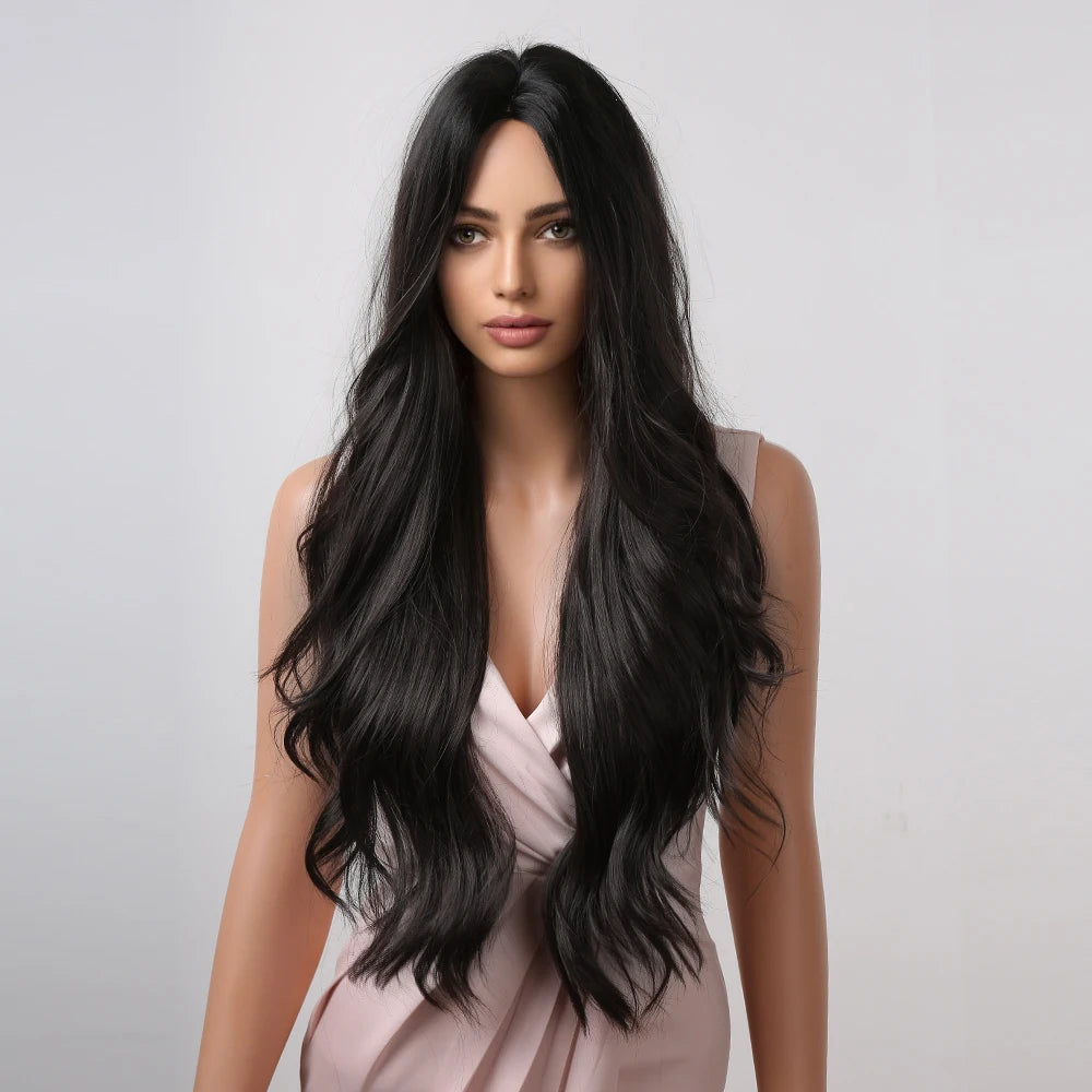 Dark Brown Long Wavy Synthetic Wig Middle Parting