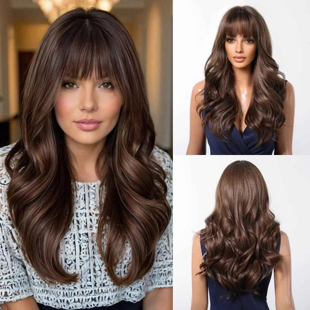 Brown Wavy Wig with Bangs Heat-Resistant
