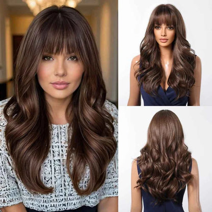 Brown Wavy Wig with Bangs Heat-Resistant