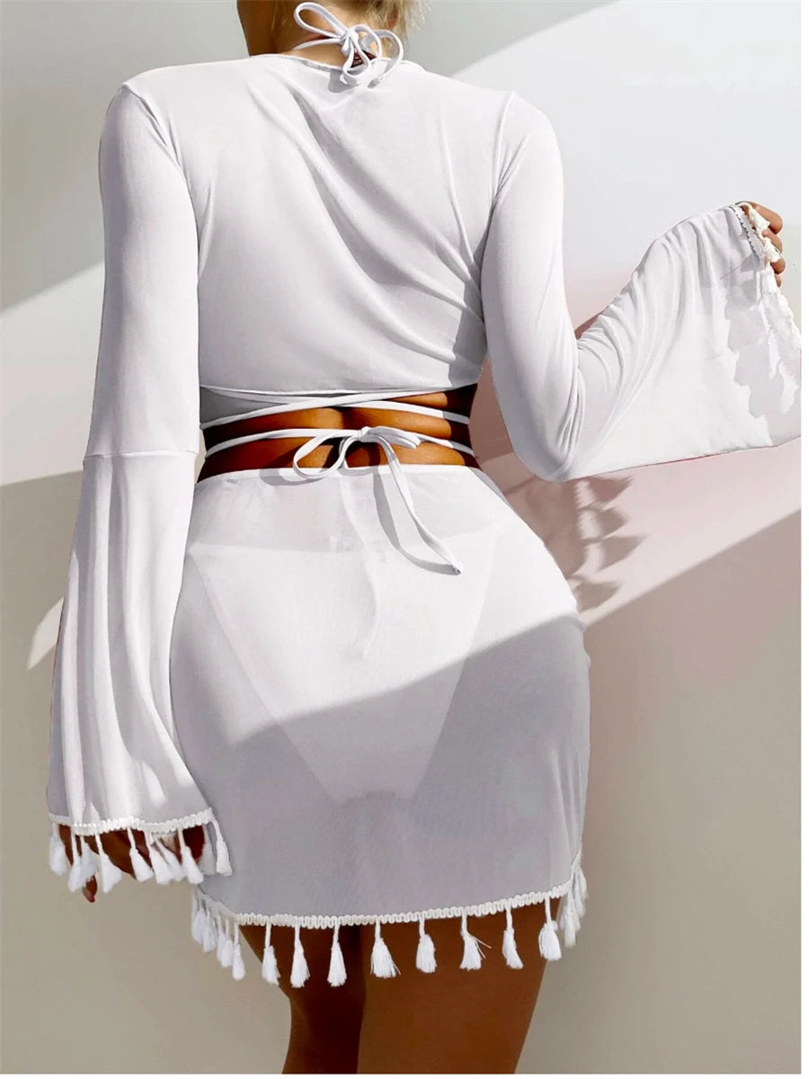 Four-Piece Halter Bikini Set with Cover-Up and Skirt