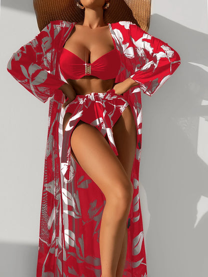 Three-Piece Printed Bikini Set with Cover-Up