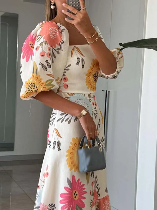 Elegant Floral Puff Sleeve A-Line Dress | Bellanica