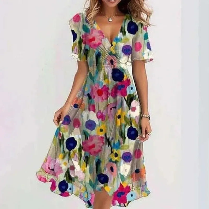 Green Elegant Floral V Neck Dress for Women | Bellanica Casual Style